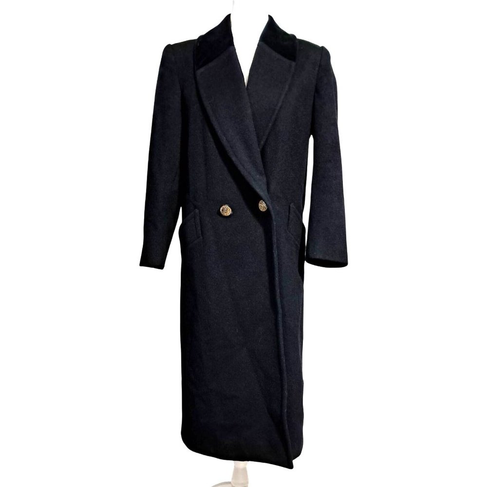 Jones New York Trench Coat Black Wool Velour Collar Long Length Heavyweight Vint